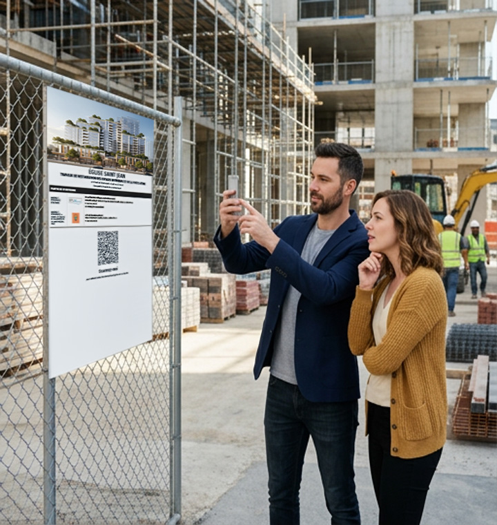 Visiteurs scannant le QR code d'un panneau de chantier AQRE
